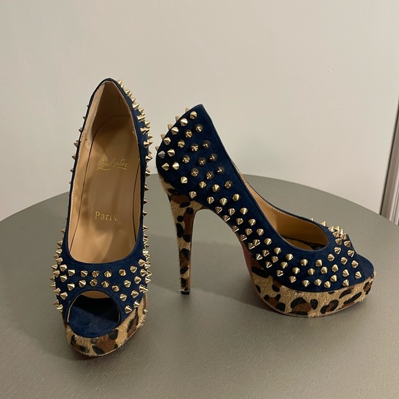 Lady peep studded leopard blue suede open toe heels - Picture 3 of 14
